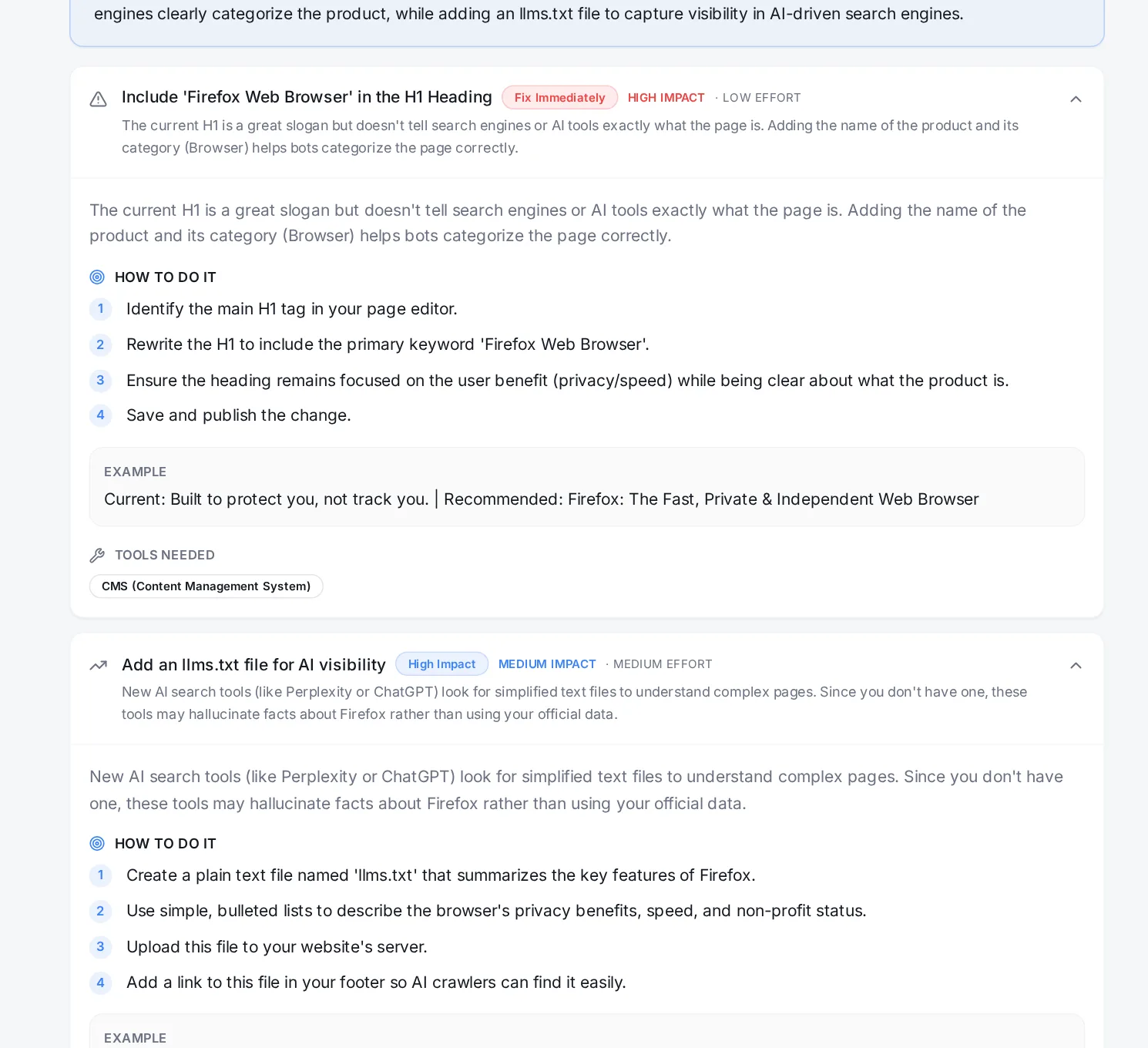 Single-Page AI Insights results screenshot: Single-Page AI insights for mozilla.org/firefox
