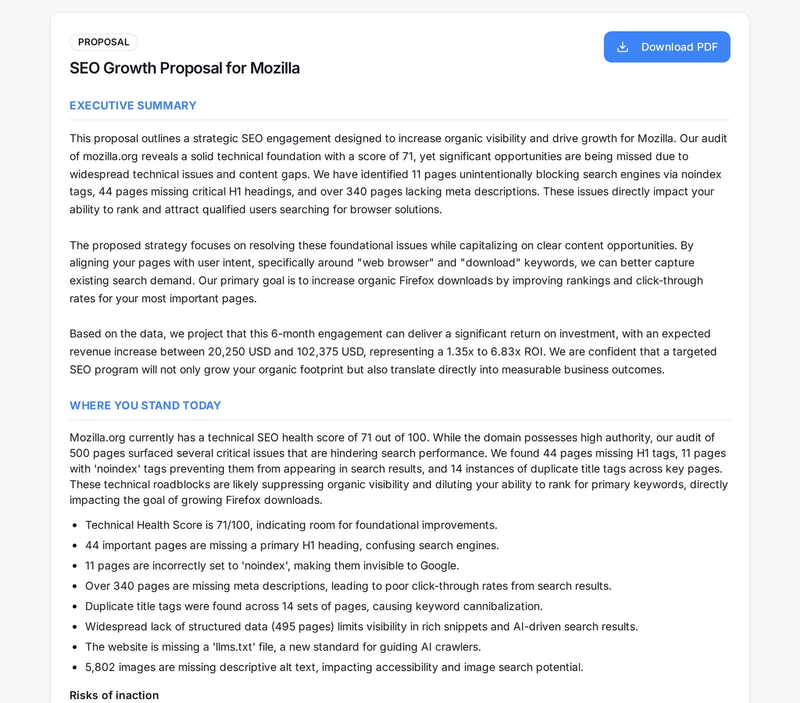 AI SEO Proposals results screenshot: AI SEO proposal generated for Mozilla