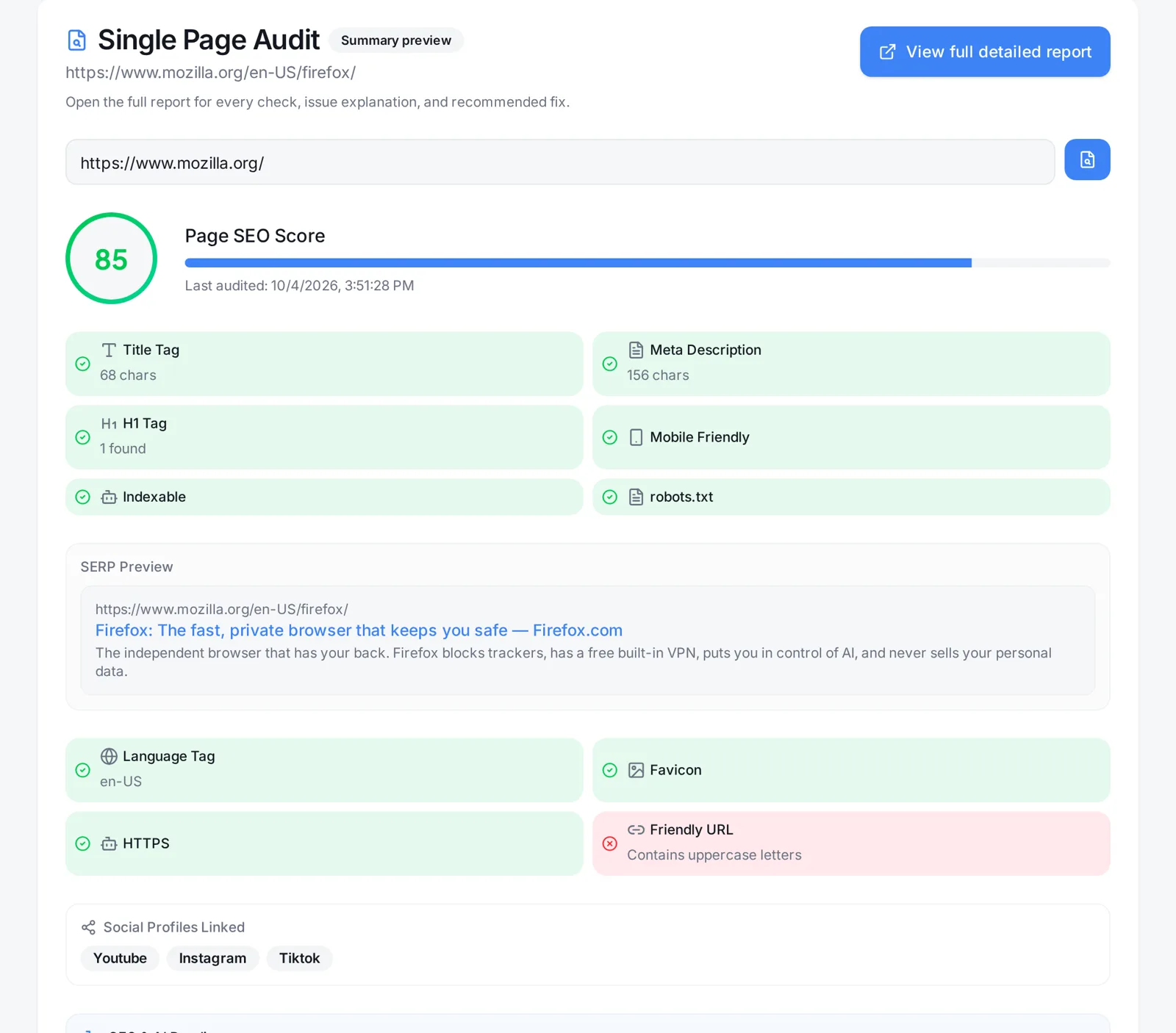Page Audit results screenshot: Page Audit of mozilla.org/firefox