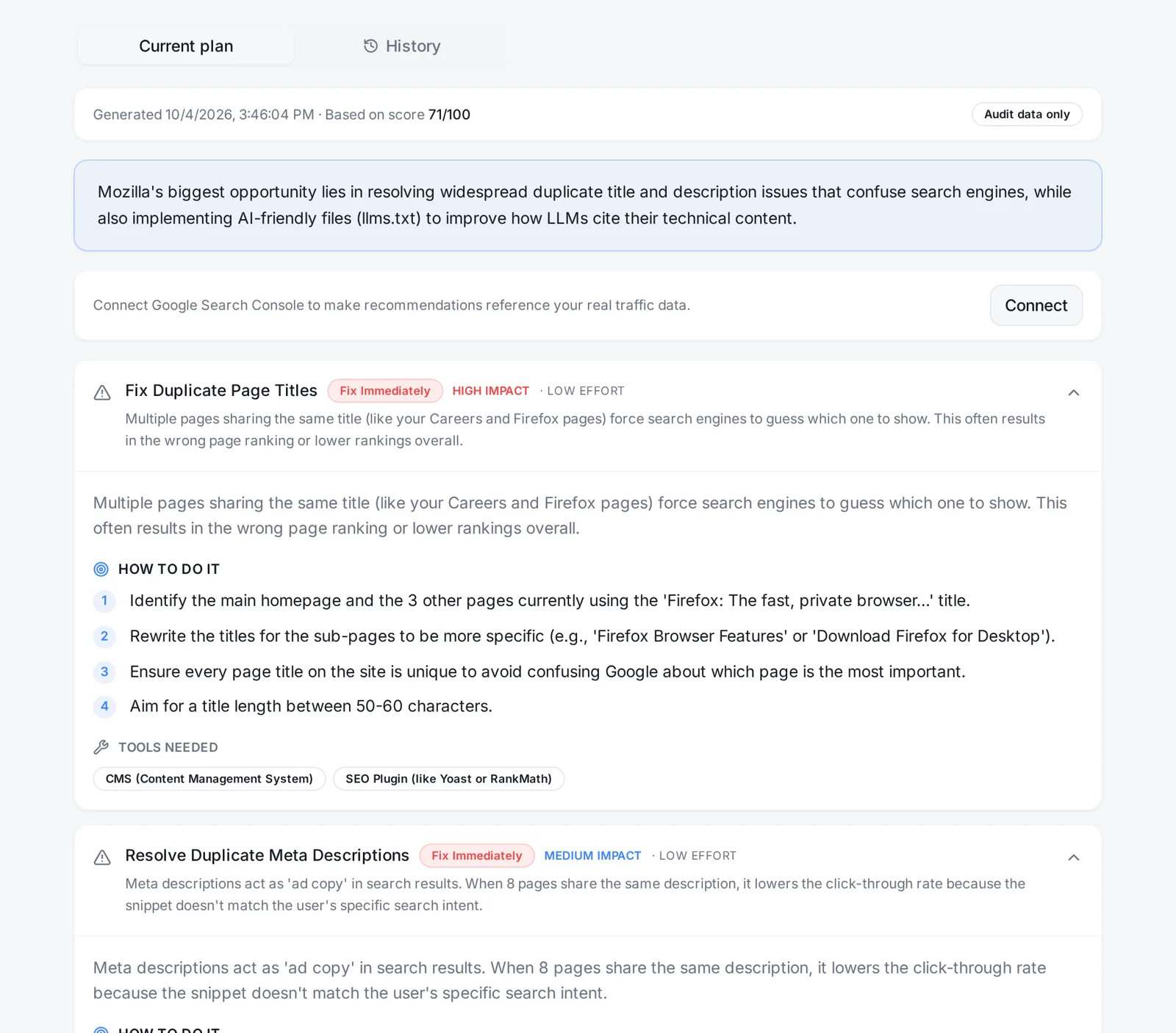 AI Recommendations results screenshot: AI Recommendations generated for mozilla.org